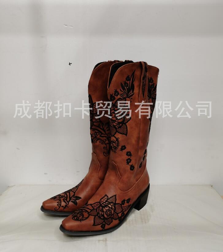 Embroidery Floral Women’s Pull on Square Toe Calf Knee High Western Boots Cowboy