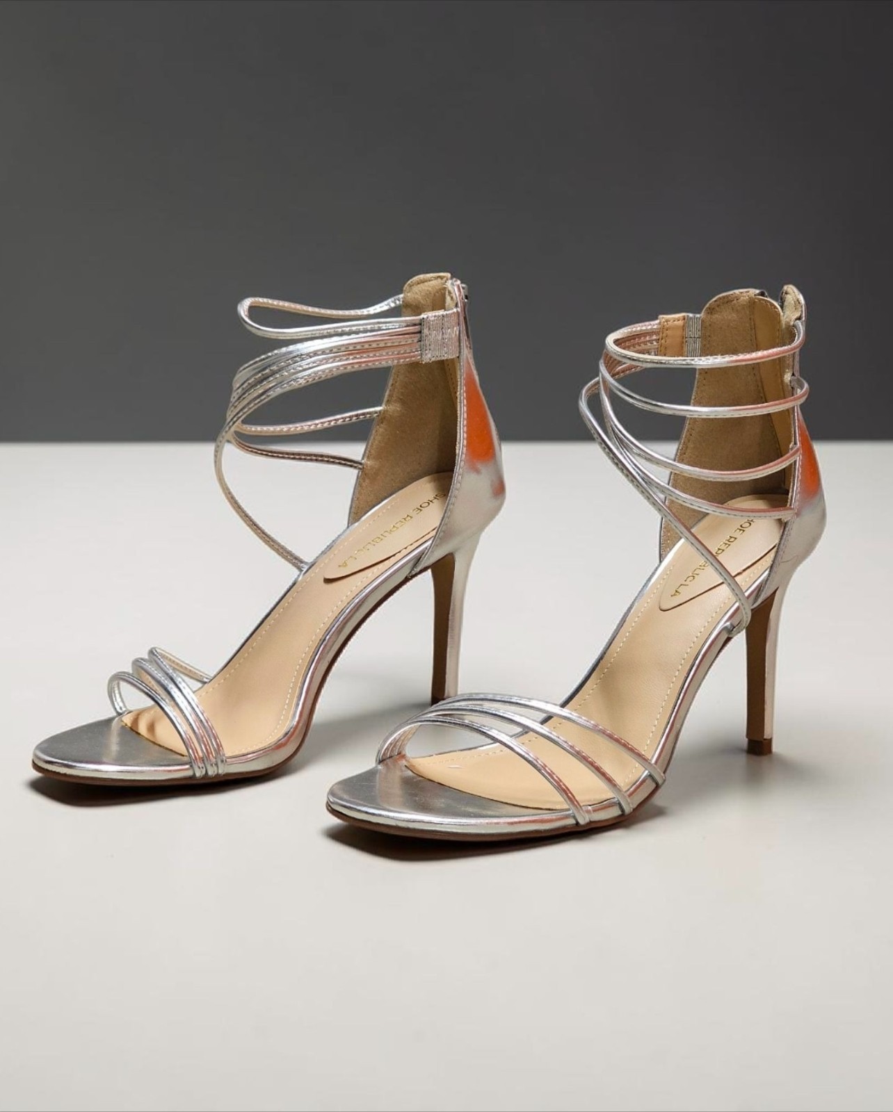 Strappy Metallic Silver High Heel Sandals With Ankle Strap Closure – Womens