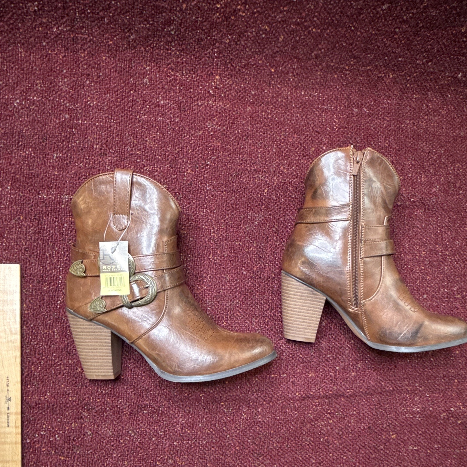 Roper Women’s Brown Leather Western Ankle Boots Pointed Toe Side Zip Buckle
