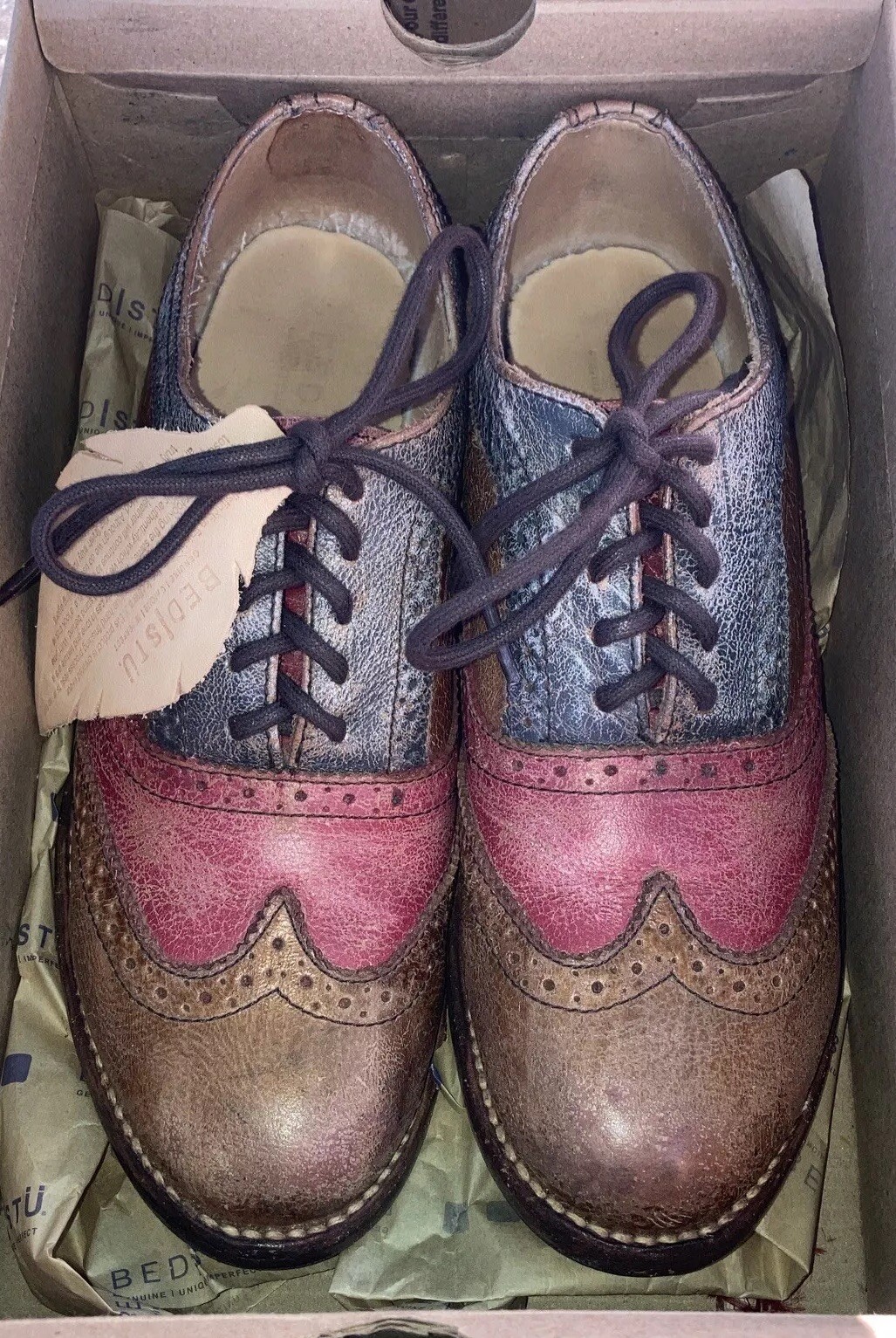 Bed|Stu Lita Red(pink)/Caramel(tan)/ Silver Lux(Blue)Leather Handmade Oxford 7.5