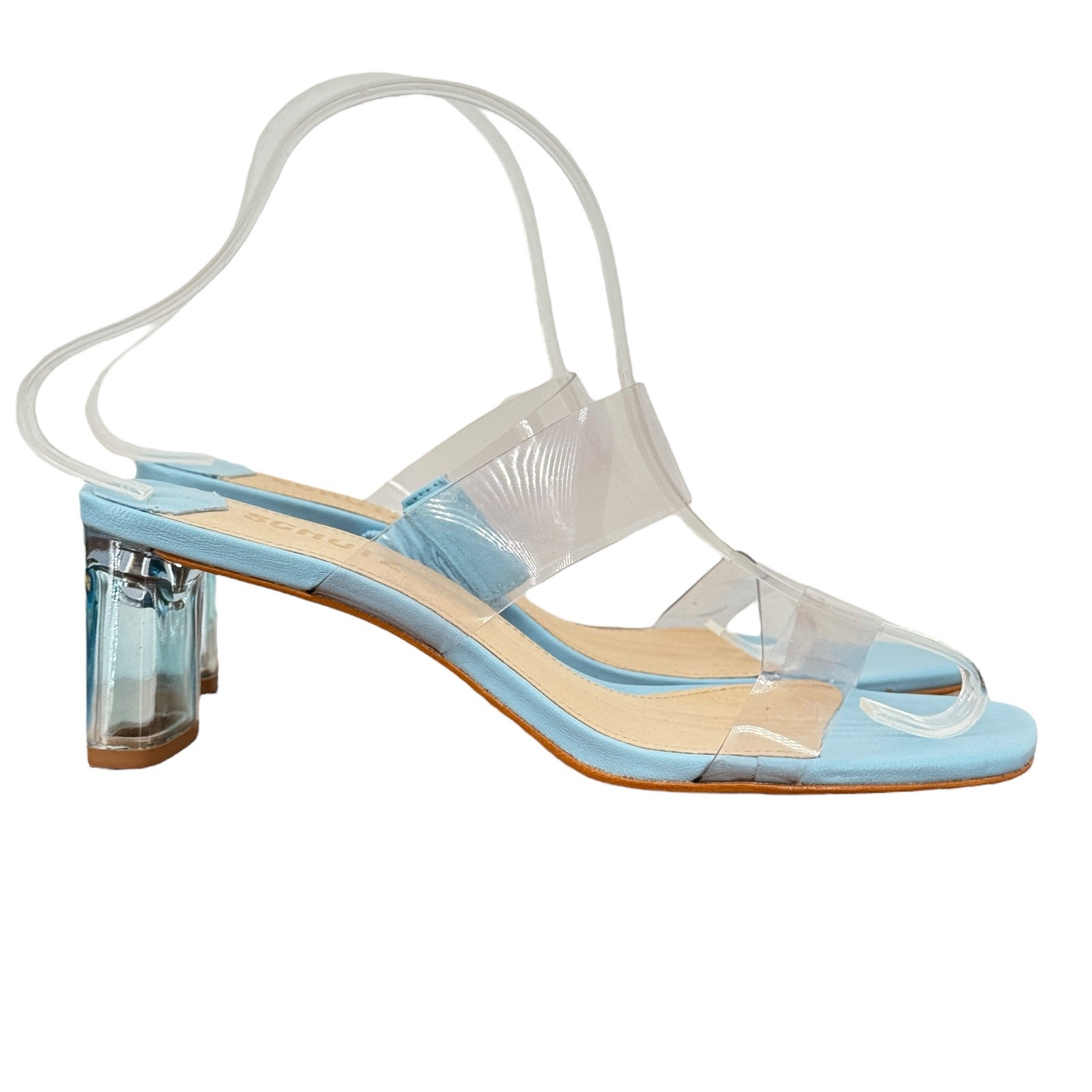 Schutz Ariella Transparent Heel Sandal Leather Women’s 7.5 Blue Clear Chic Luxe