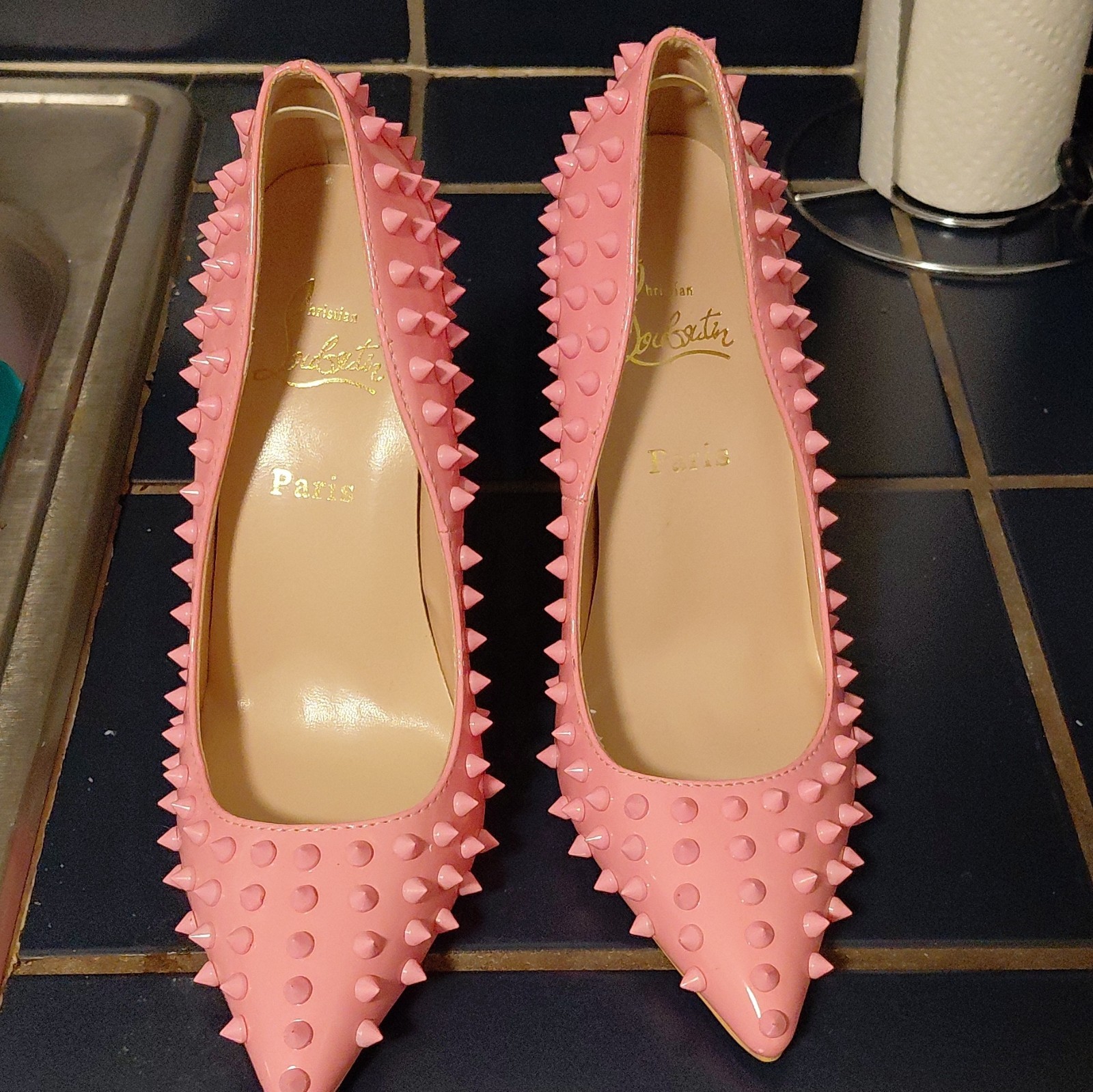 Christian Louboutin Pink Spiked Studded Pointed Toe Leather Stiletto Pumps 40