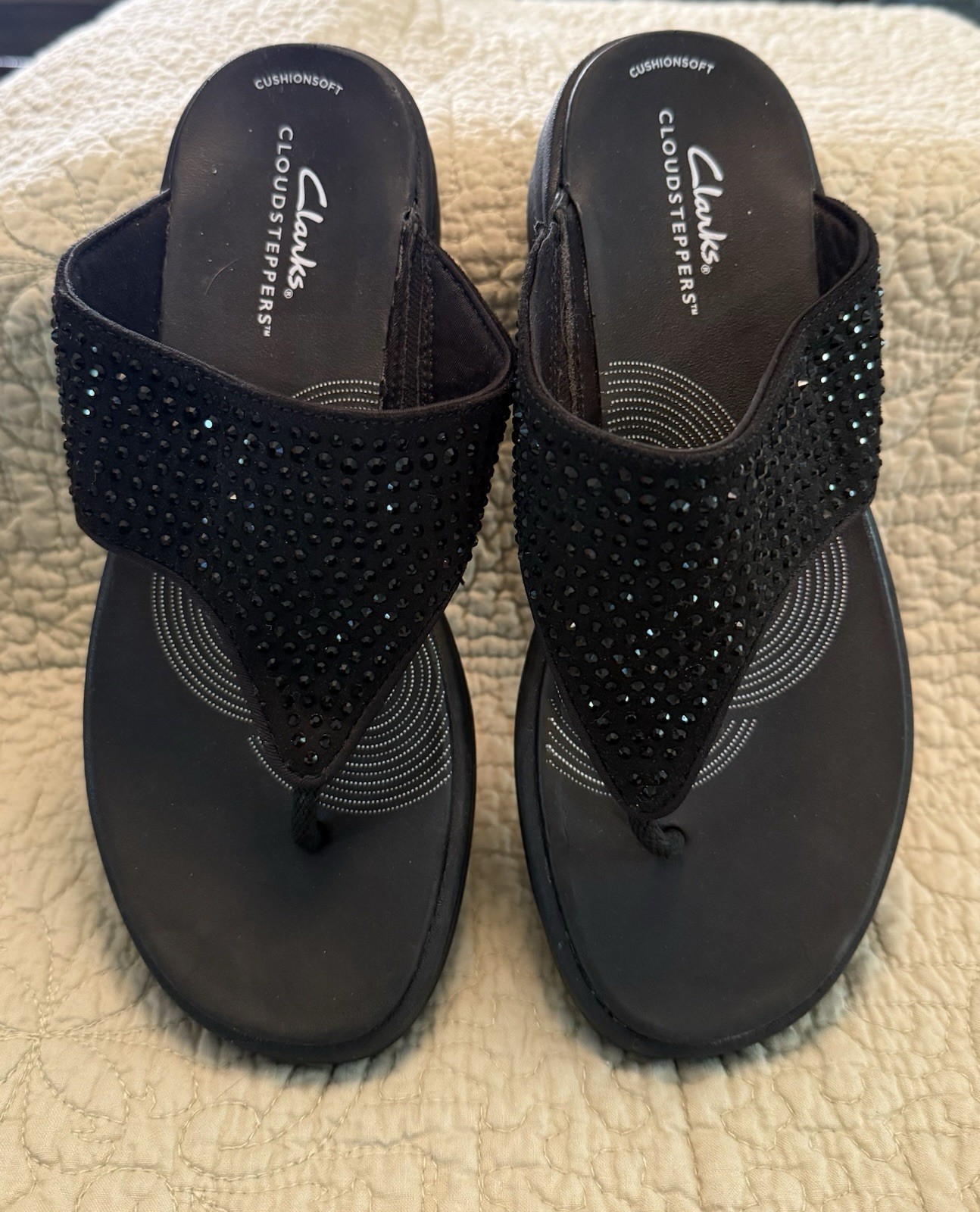 Clarks Drift Jaunt Cloud Steppers Sandals Rhinestone Thong Platform Black 6.5