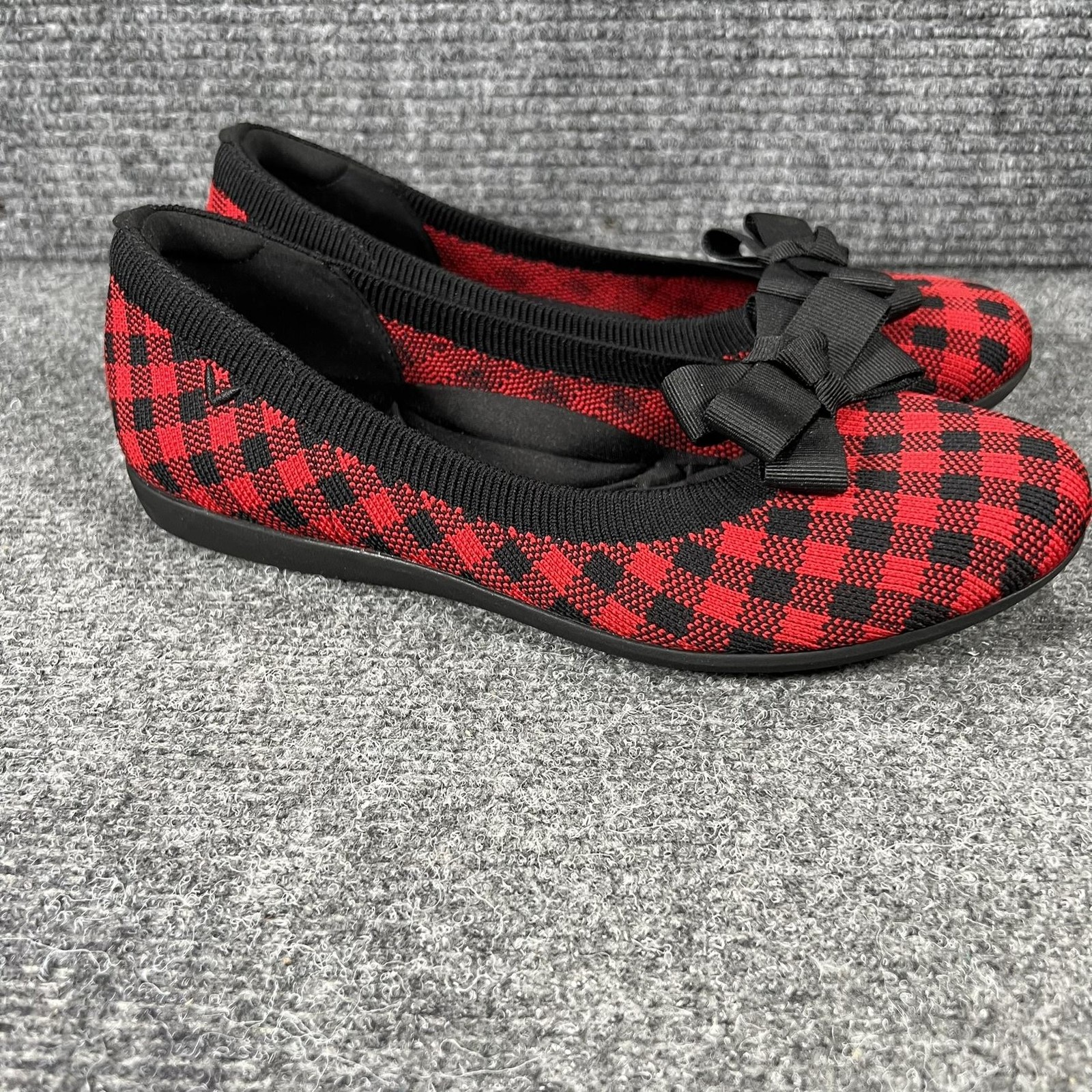 Vivaia Shoes Womens Size 9.5 Red Plaid Knit Ballet Flats Bow Eco Friendly