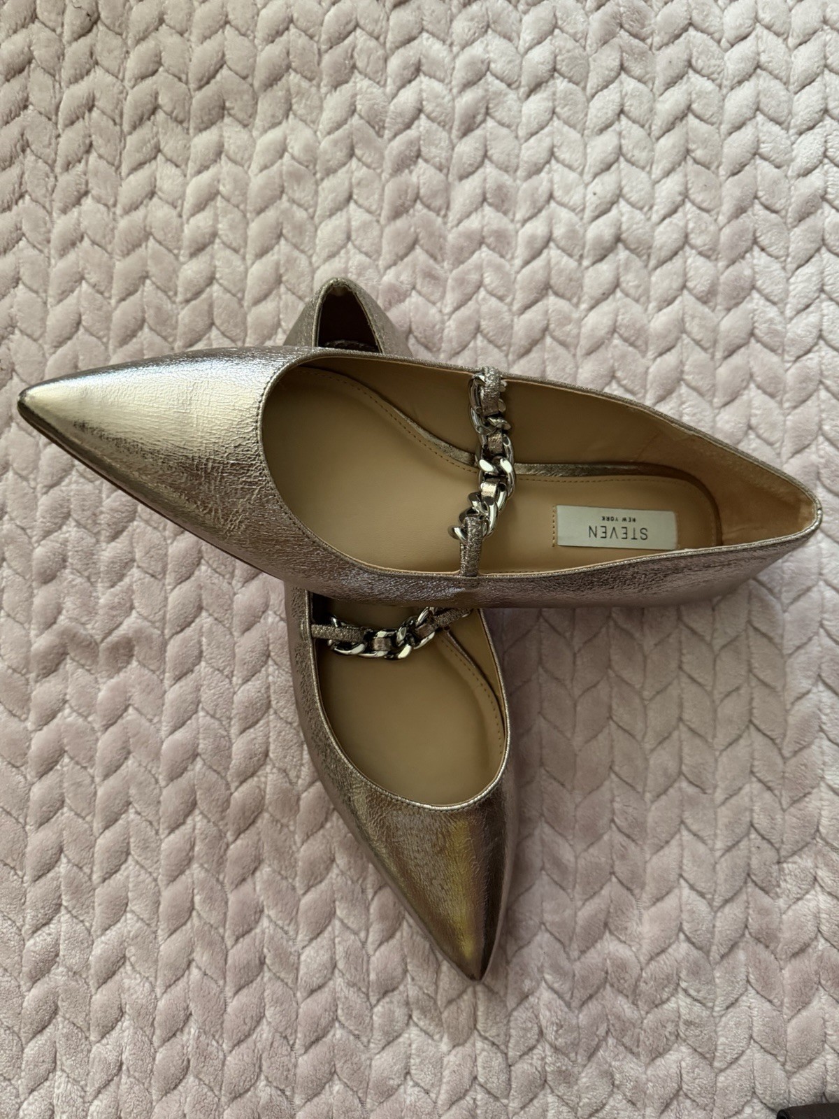 STEVEN New York Women’s Milla Pointed Toe Flat Pewter/Silver Chain Sz 9