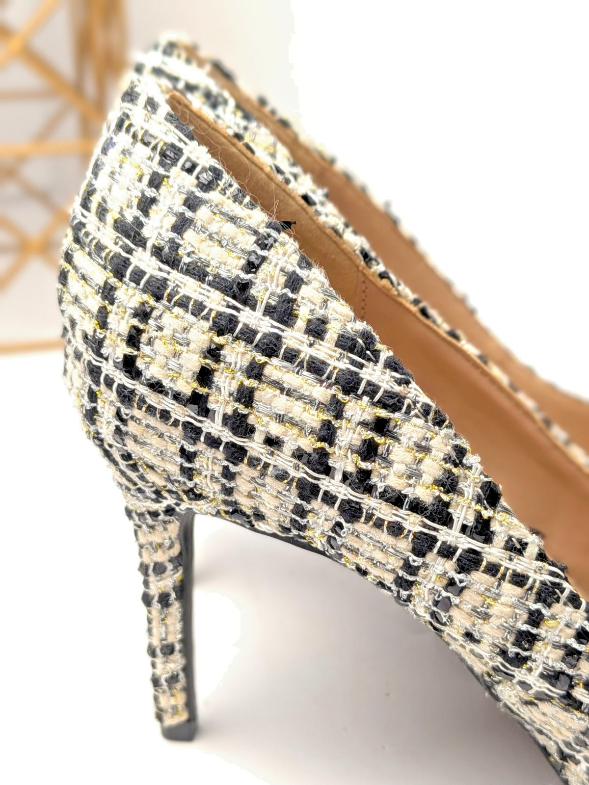 BCBGeneration Beverli Plaid w/ Silver Threads Rhinestone Bow Heels Size 8 — NWOB
