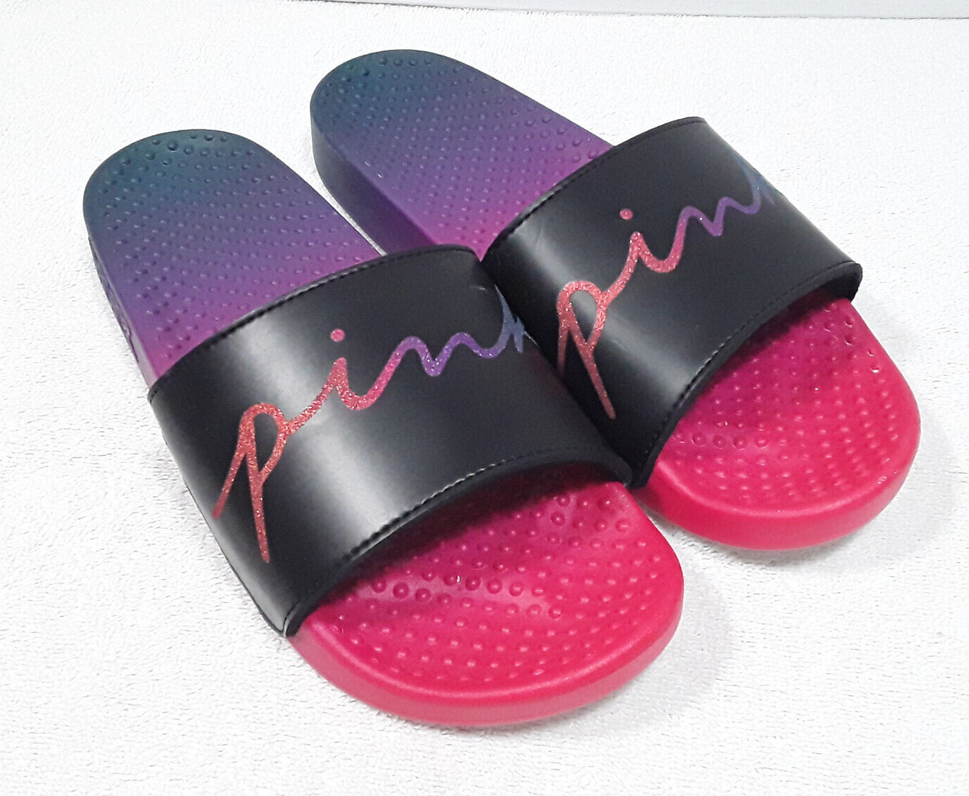 Victoria’s Secret Pink Bling Ombre Rainbow Glitter Logo Slides Sandals M 7 8 NWT