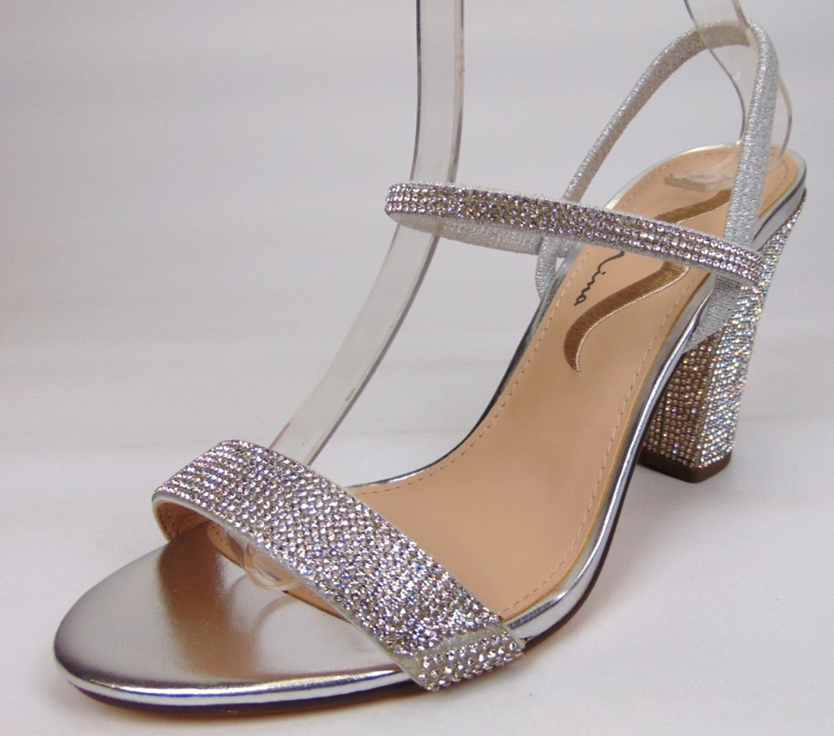 Nina Sanchia Evening Heels Sandals Womens Size 8.0 Med Rhinestone Silver Strappy