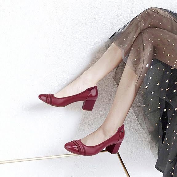 Women Close Round Toe Mid Chunky Block Heel Work Slip On Comfort Pump Shoes