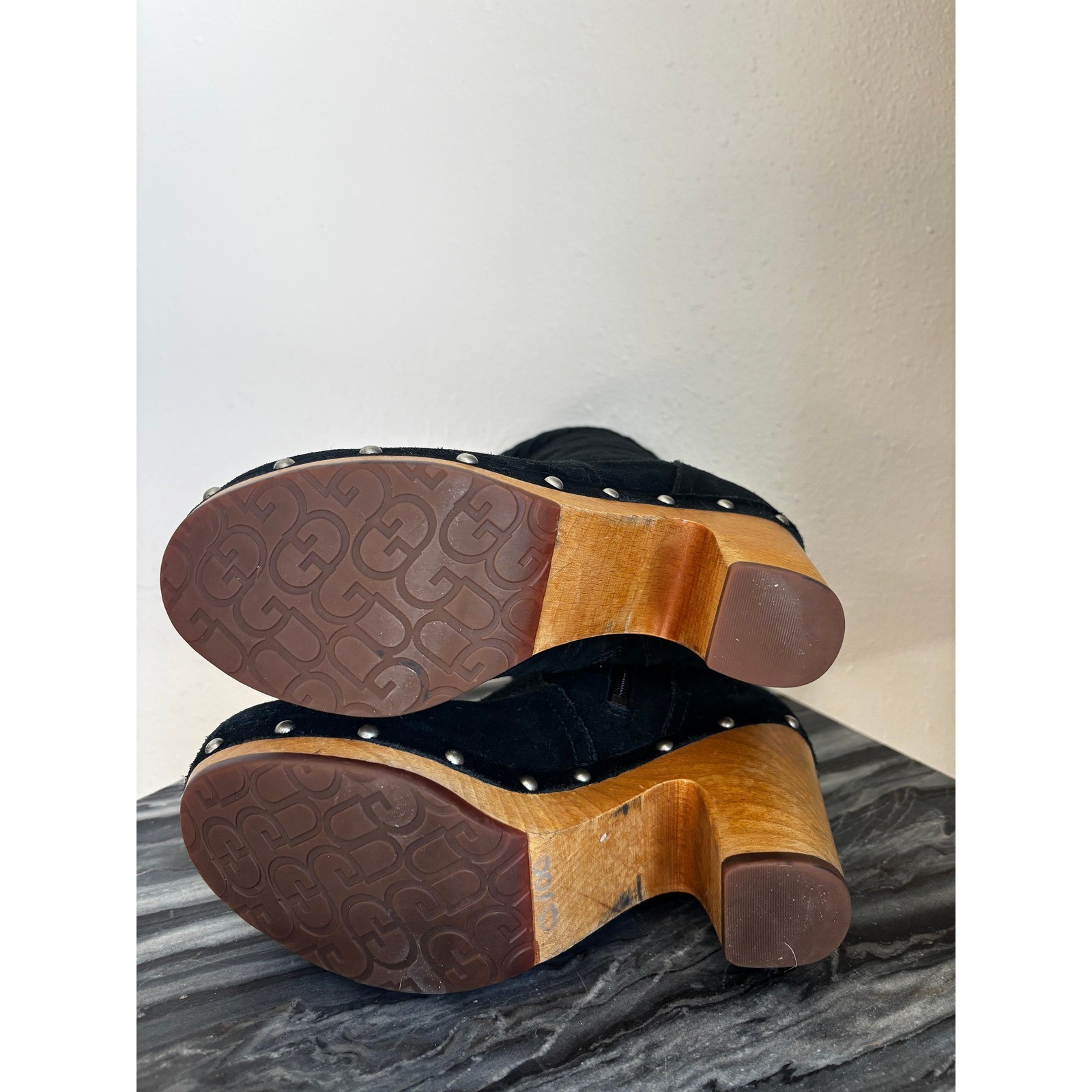 UGG Australia Black Suede Woven Clog Boots Wooden Block Heel Studded 7 Annaliza