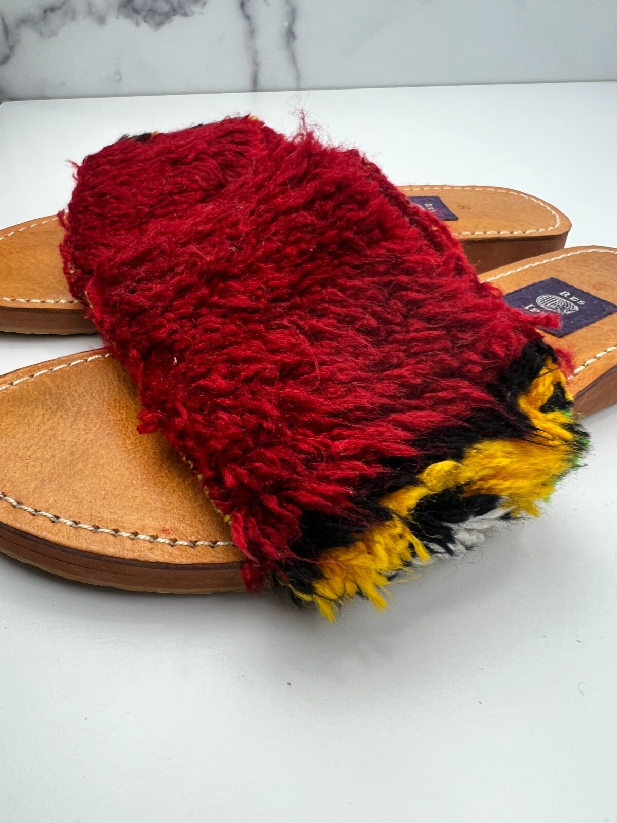 RES IPSA Handmade Moroccan Rug Slide Sandals Red Multicolor Size 8 Leather Sole