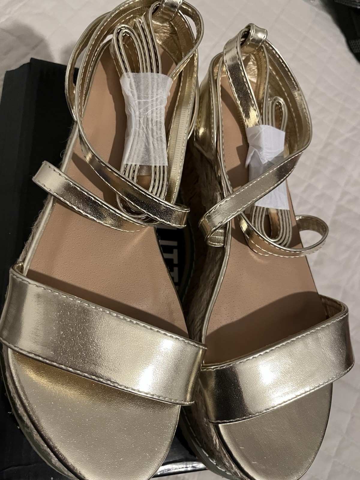 PrettyLittleThing Gold Espadrille Lace-up Platform Sandals SZ 38 / US 7.5 NIB
