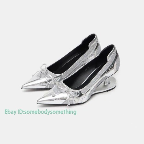 New Special Heel Spliced Heels Pointed Toe Heels Fashion Shallow Mouth Bow