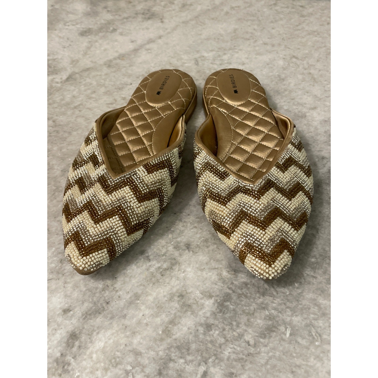 Birdies Mules Womens 8 Gold Beaded The Phoebe Chevron Pointed Toe Flats