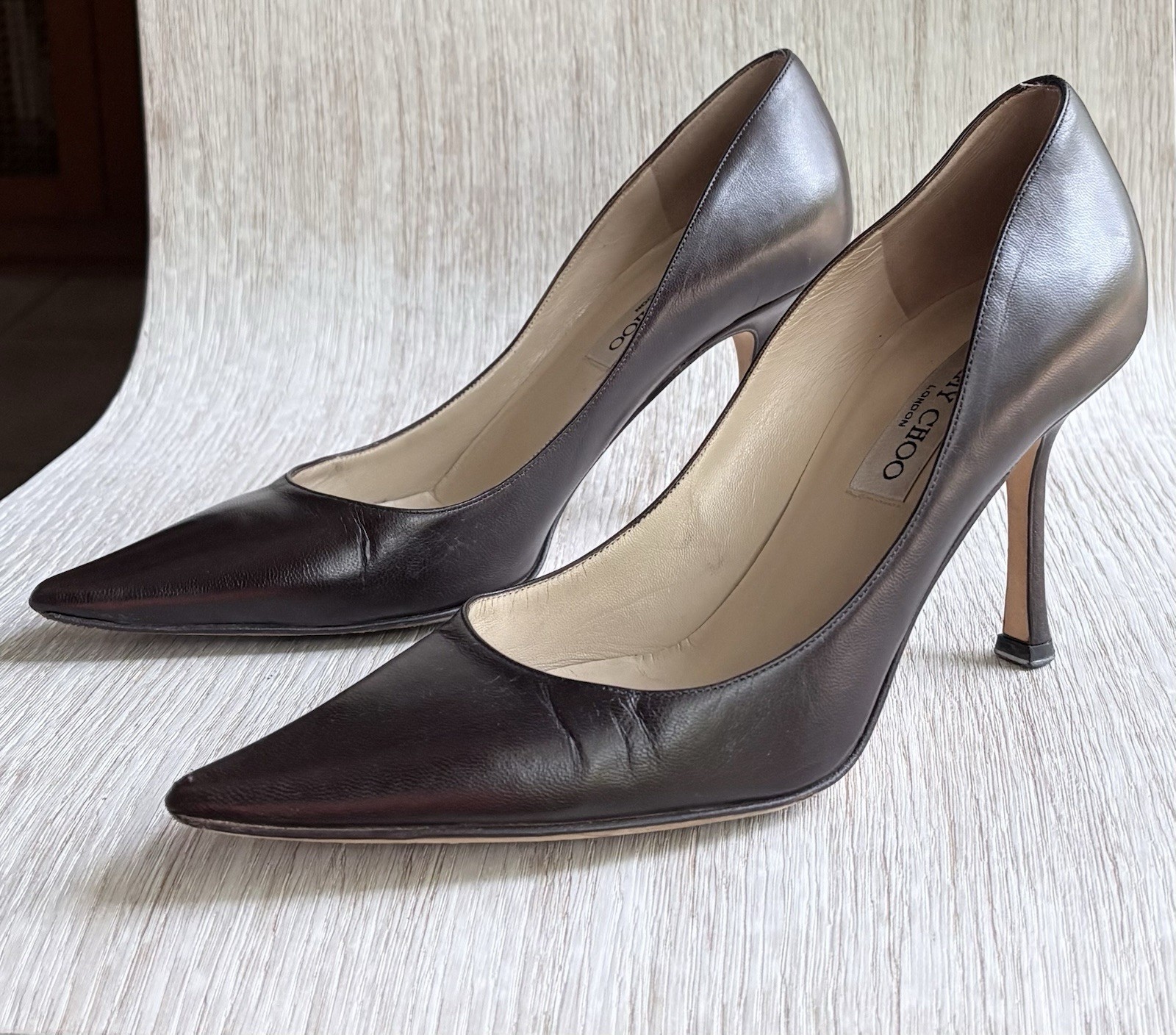 Jimmy Choo Espresso Brown Leather Pointed Toe Pumps EU 38.5 Heels Italy