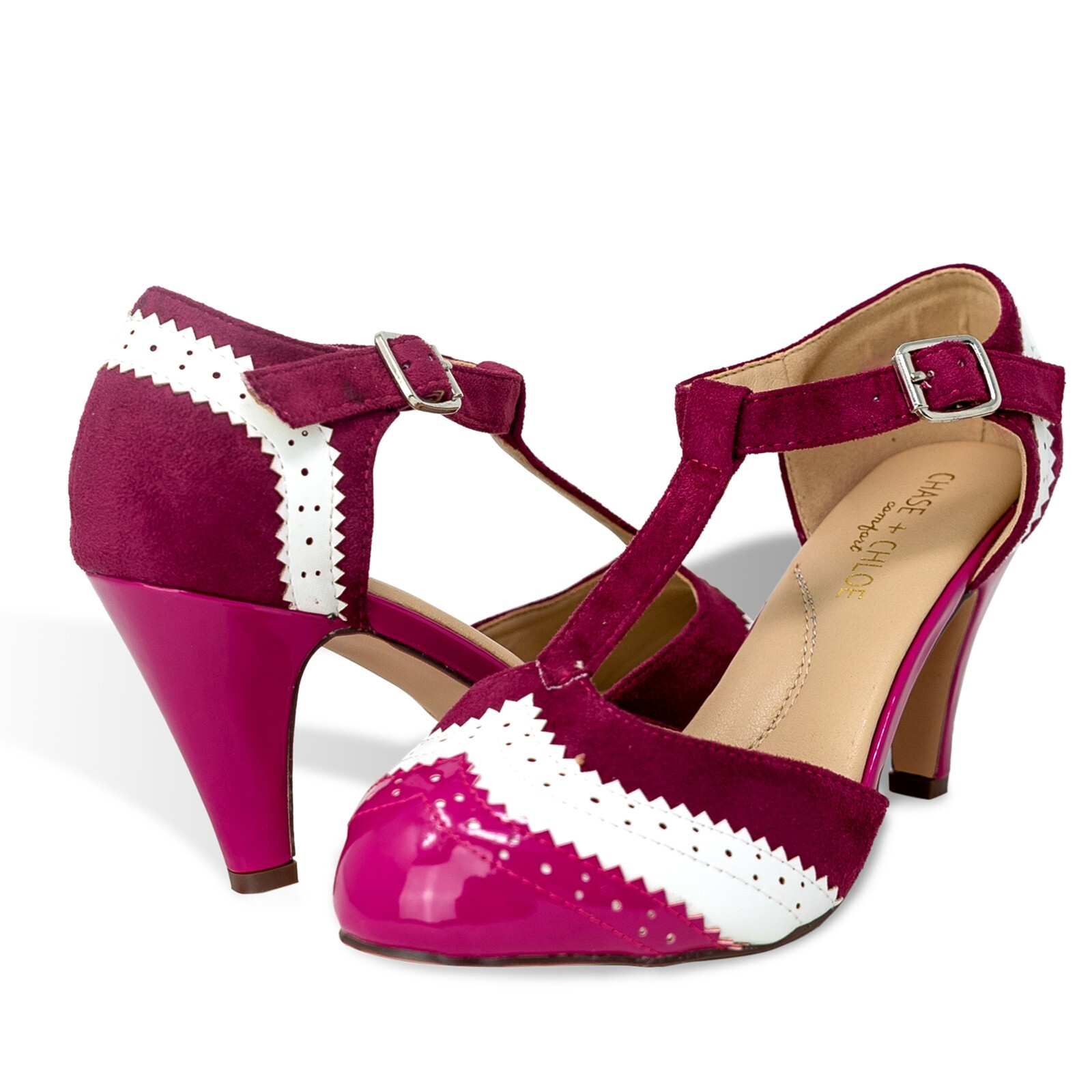 Chase & Chloe Kimmy-66 Closed Toe T-Strap Two Tone Oxford Pumps