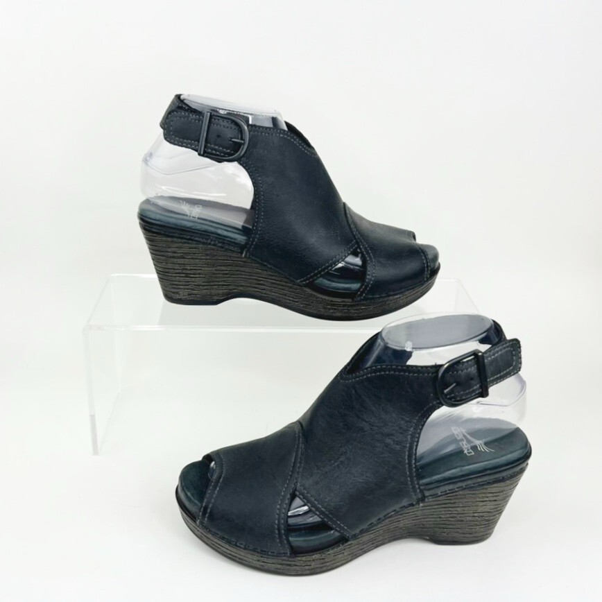 DANSKO VANDA Leather Peep Toe Wedge Black Slingback Platform Women US 6/6.5 EU36
