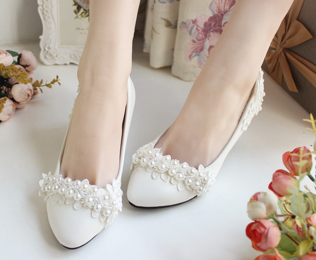 Ivory Pearl Flower Wedding Lace Prom Bridal Bridesmaid Flat High Low Heels shoes