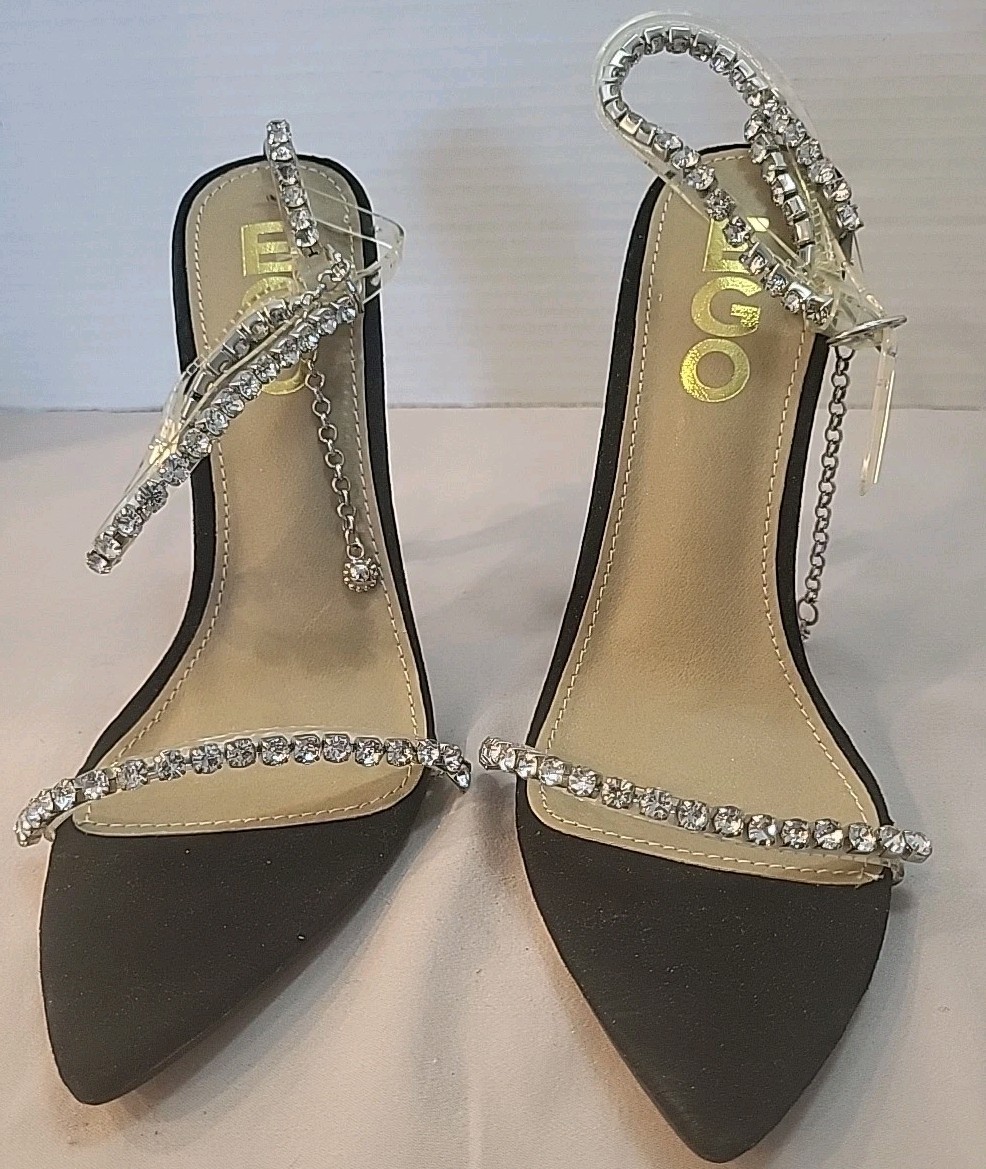 EGO BLACK STILLETO HEEL US 6 UK4 WOMEN SEQUINED HEEL JEWELED ANKLE STRAP
