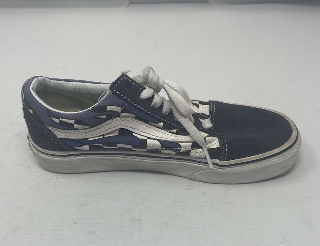 Vans Old Stool Women 5 Men 3.5 Youth Size Black Checkerboard Flames Skateboard