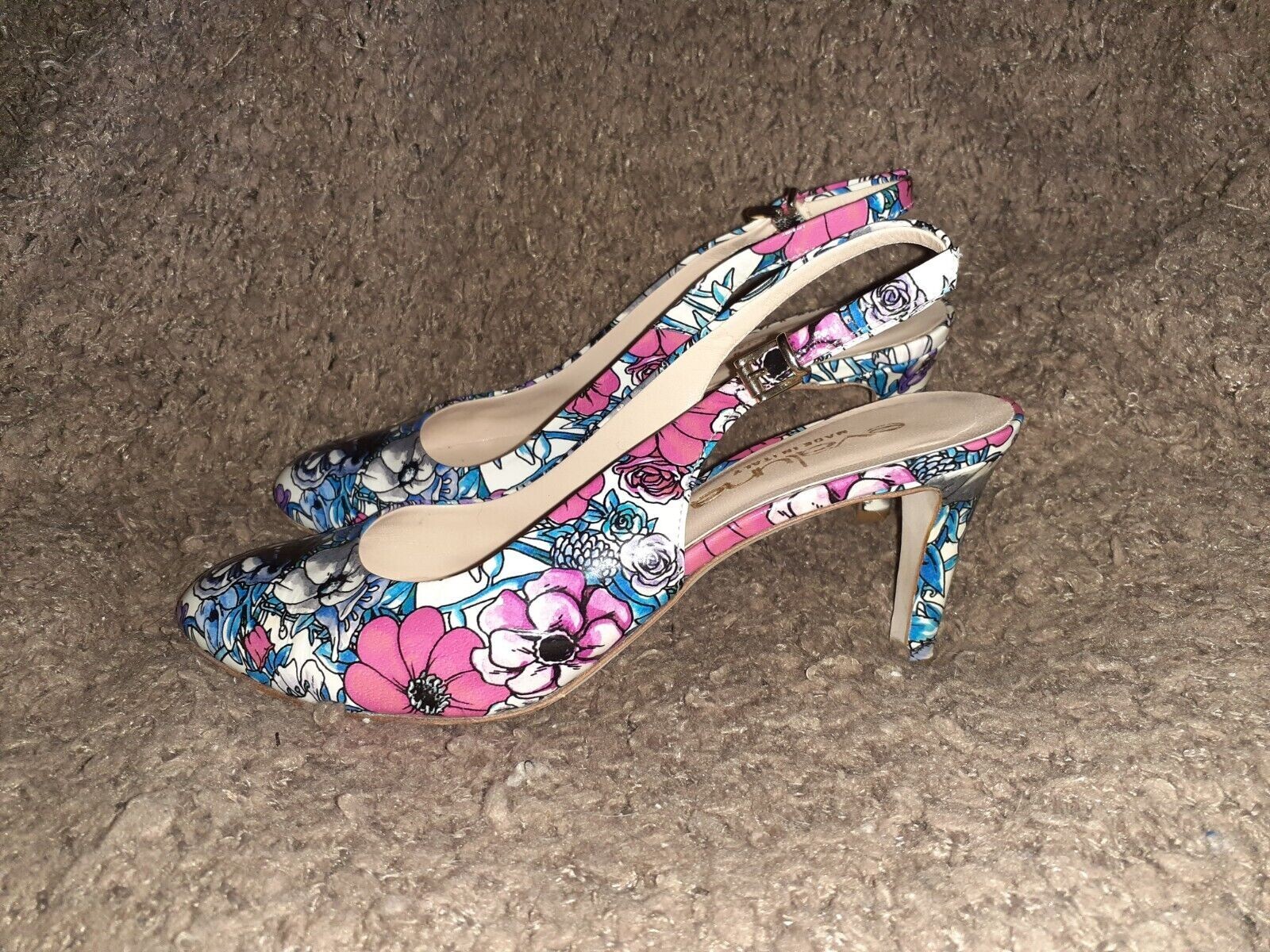 EVALUNA -Floral Print Patent Leather Slingbacks-Buckle Fasten-Sz 36-Excellent