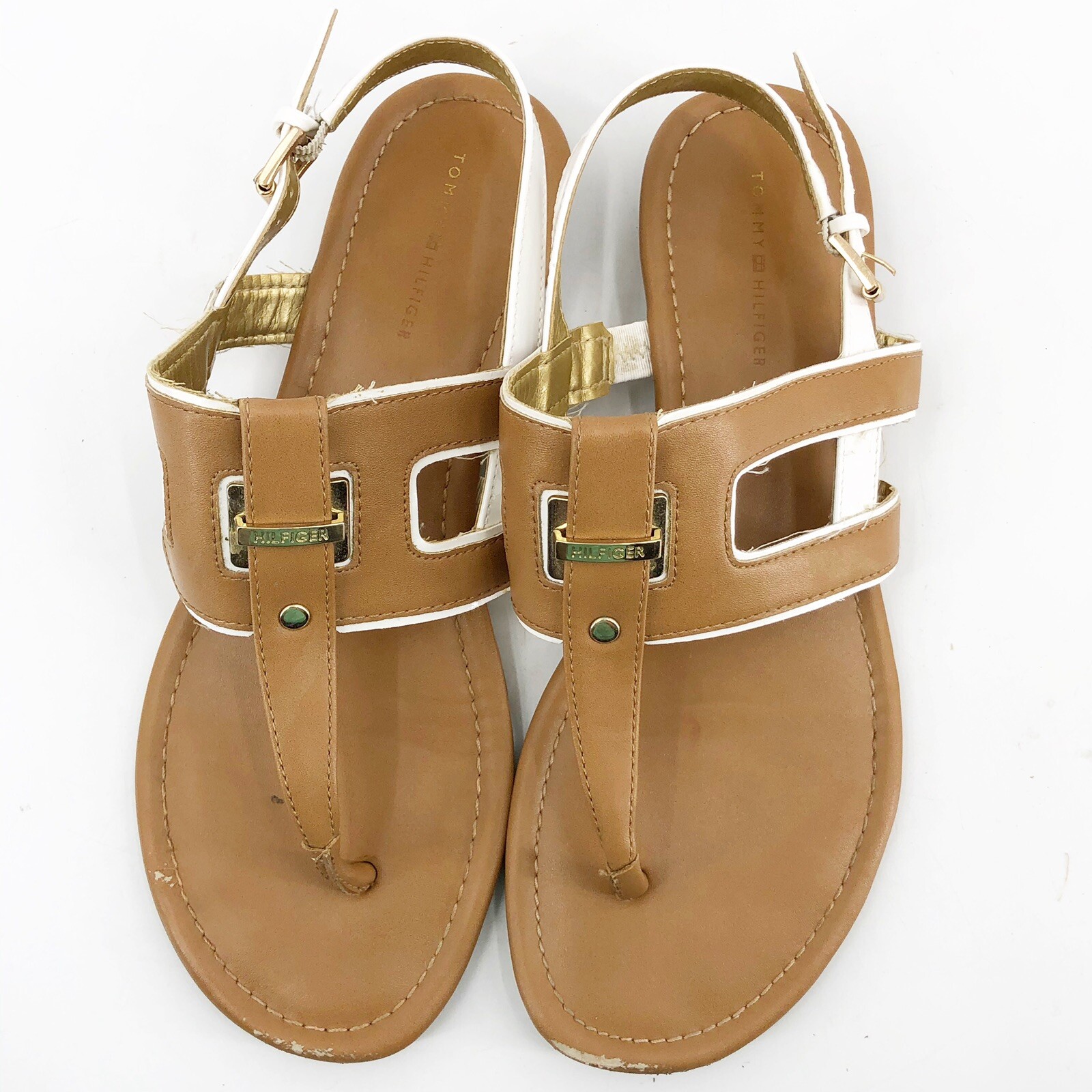 Tommy Hilfiger Brown White & Gold Flat Summer Sandal Size 9 M