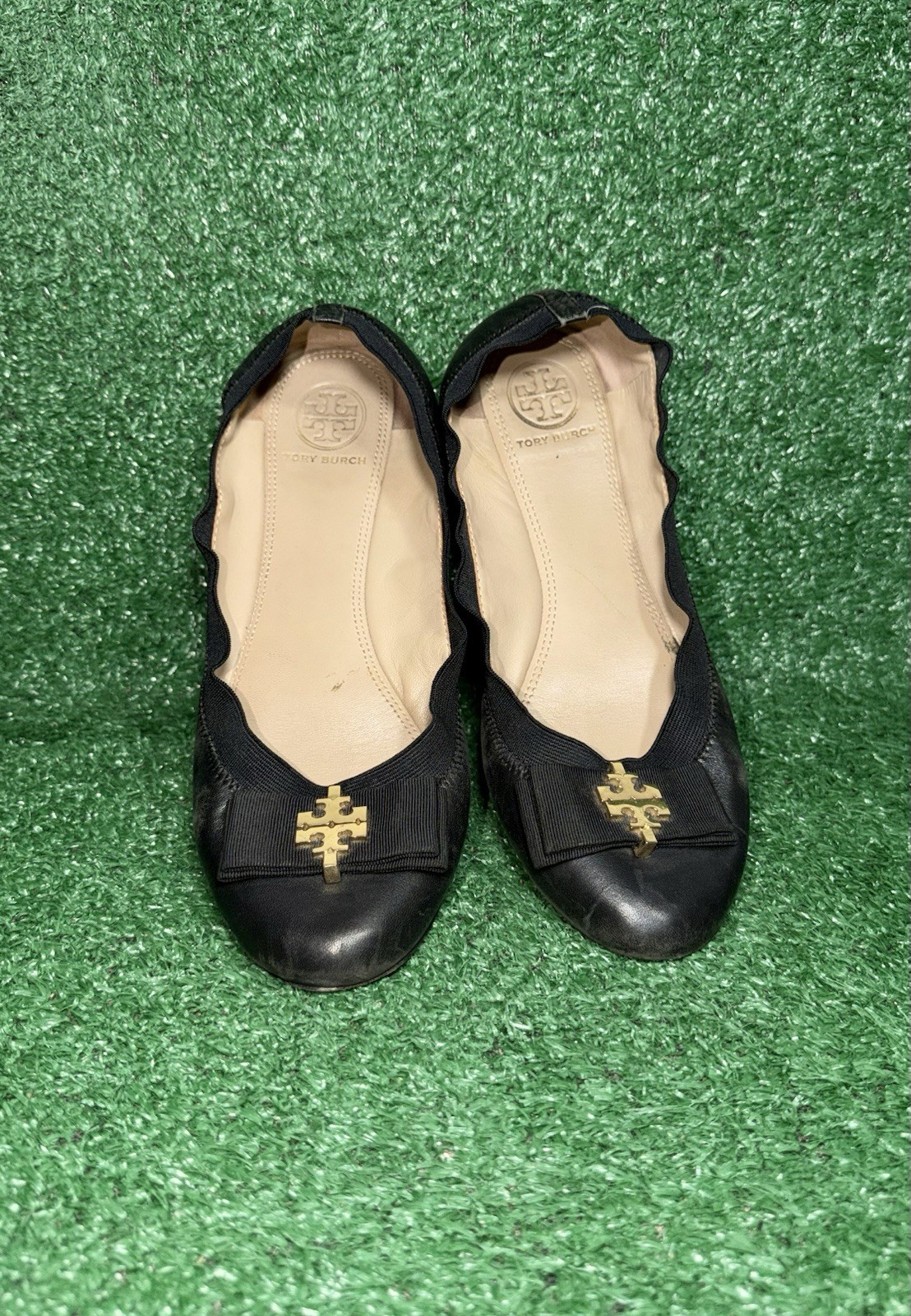 Tory Burch Shoes Women Size 9.5 Black Leather Gold Grosgrain Bow Sedgwick Ballet