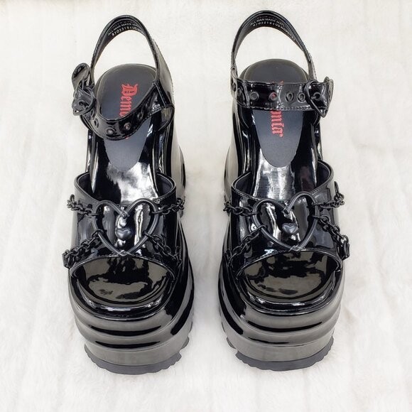 DEMONIA Wave 09- 6″ Platform Goth Heart Chain Sandals Shoes Black Patent