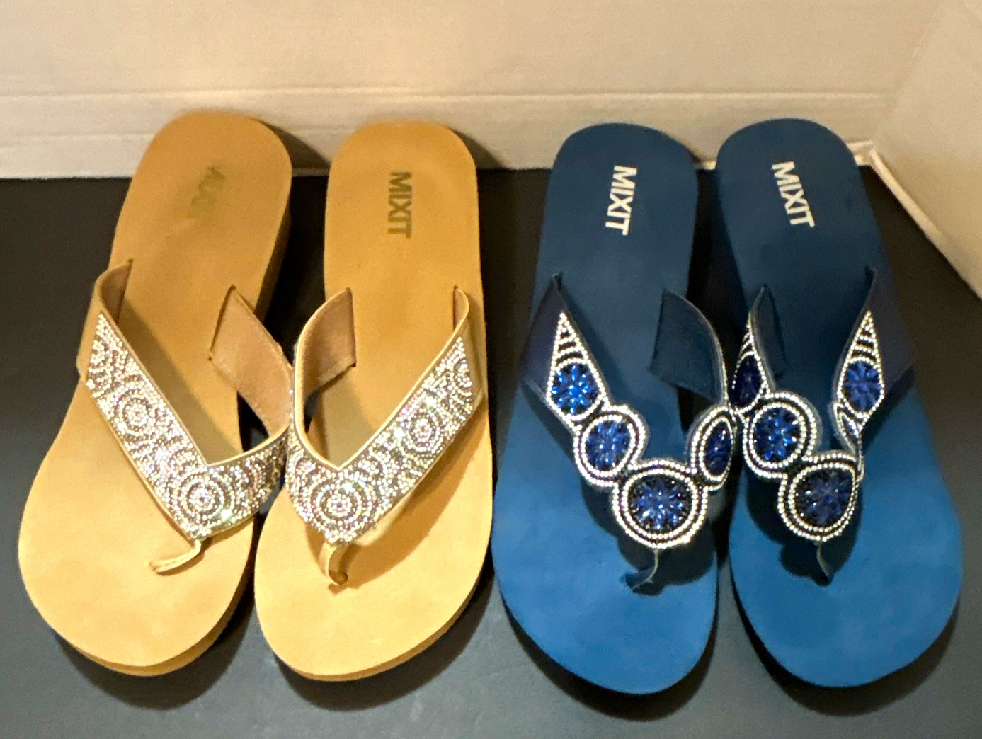 Mixit Women’s Thong Sandals Lot 2 Blue Beige Rhinestone Beaded Slip On 10