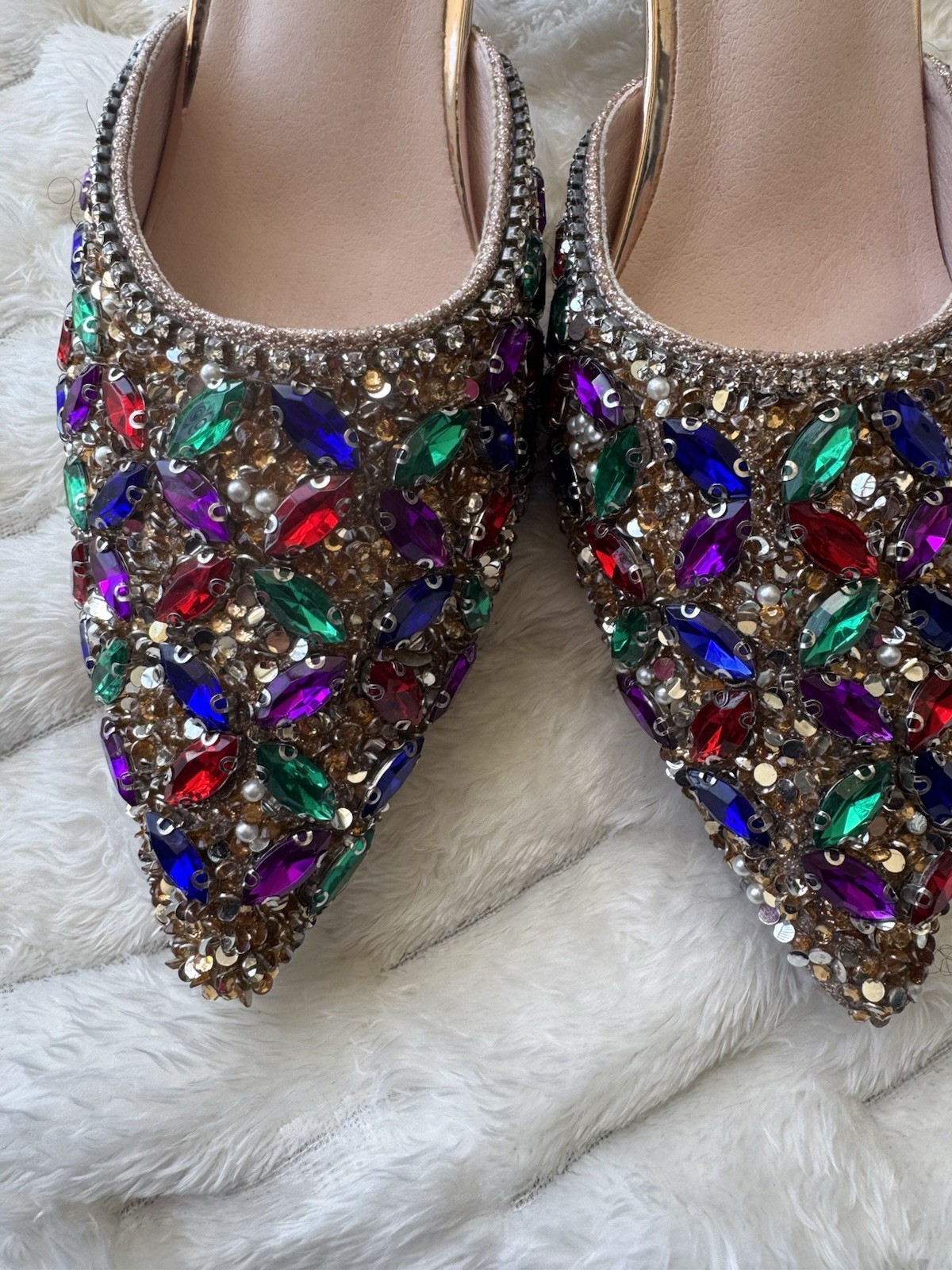SHEIN Multicolor Rhinestone Beaded Block Heel Pointed Toe Slip On Comfort Mule
