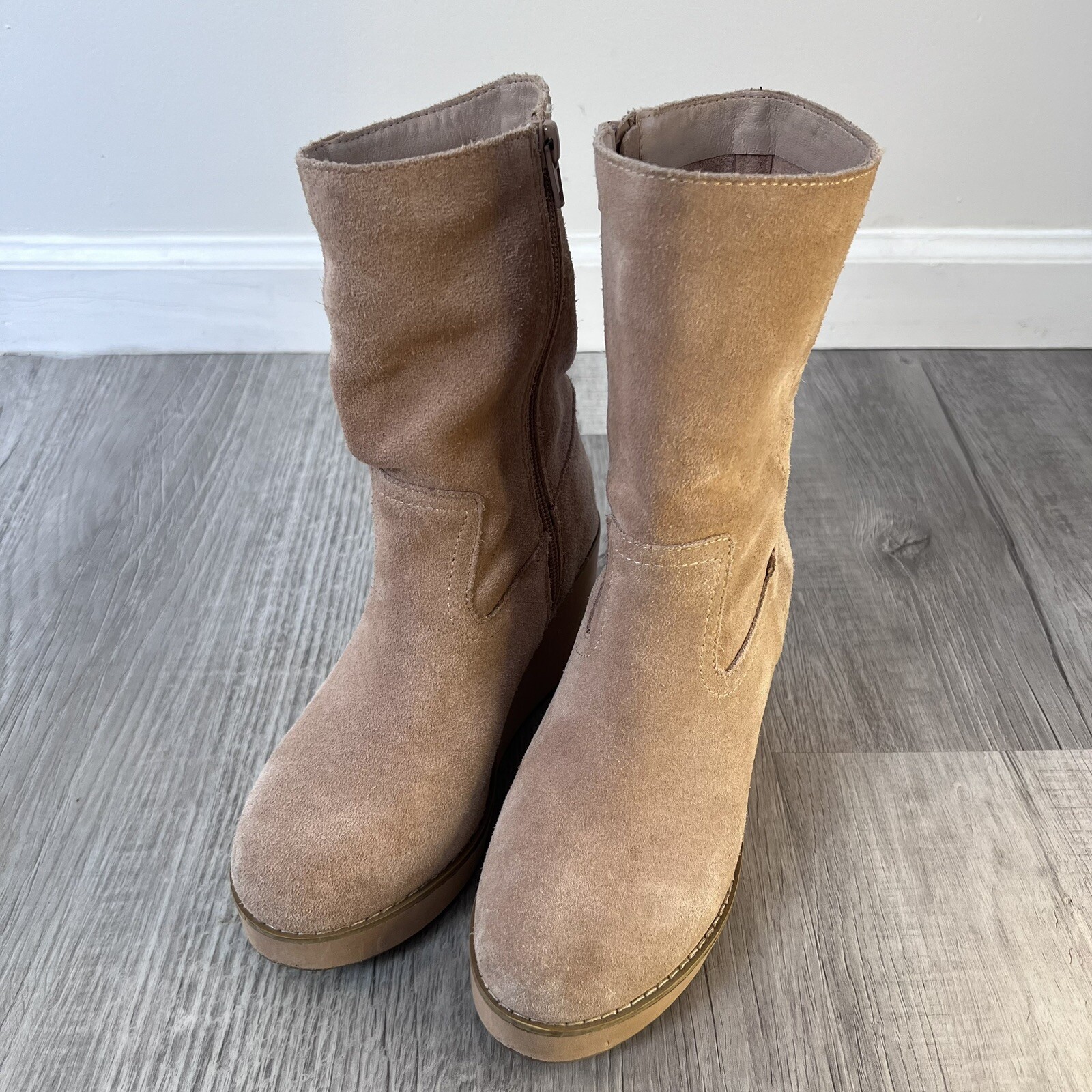 Coconuts Matisse Tan Suede Leather Comet Mid Calf Wedge Zipper Boots 6.5
