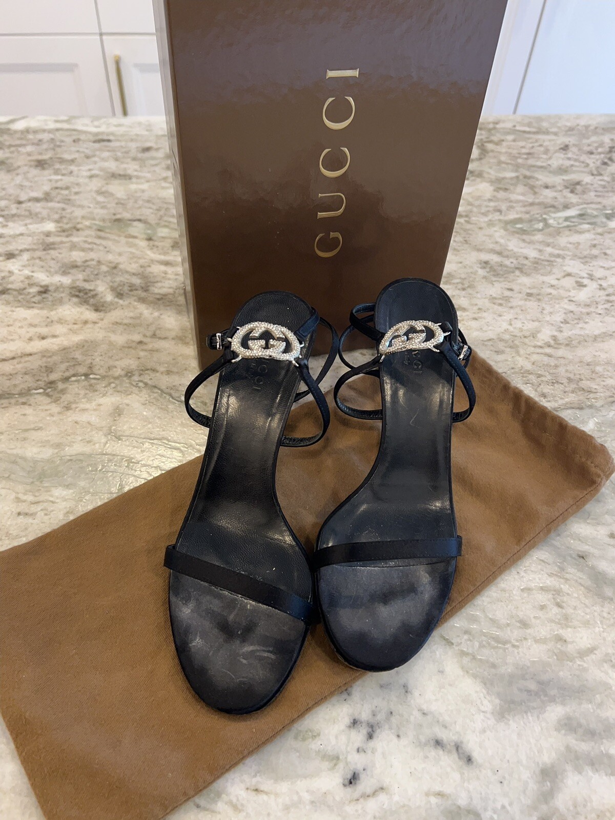 Authentic Gucci Sandals, Crystal GG logo, Black Satin, Size 36.5, Gorgeous!