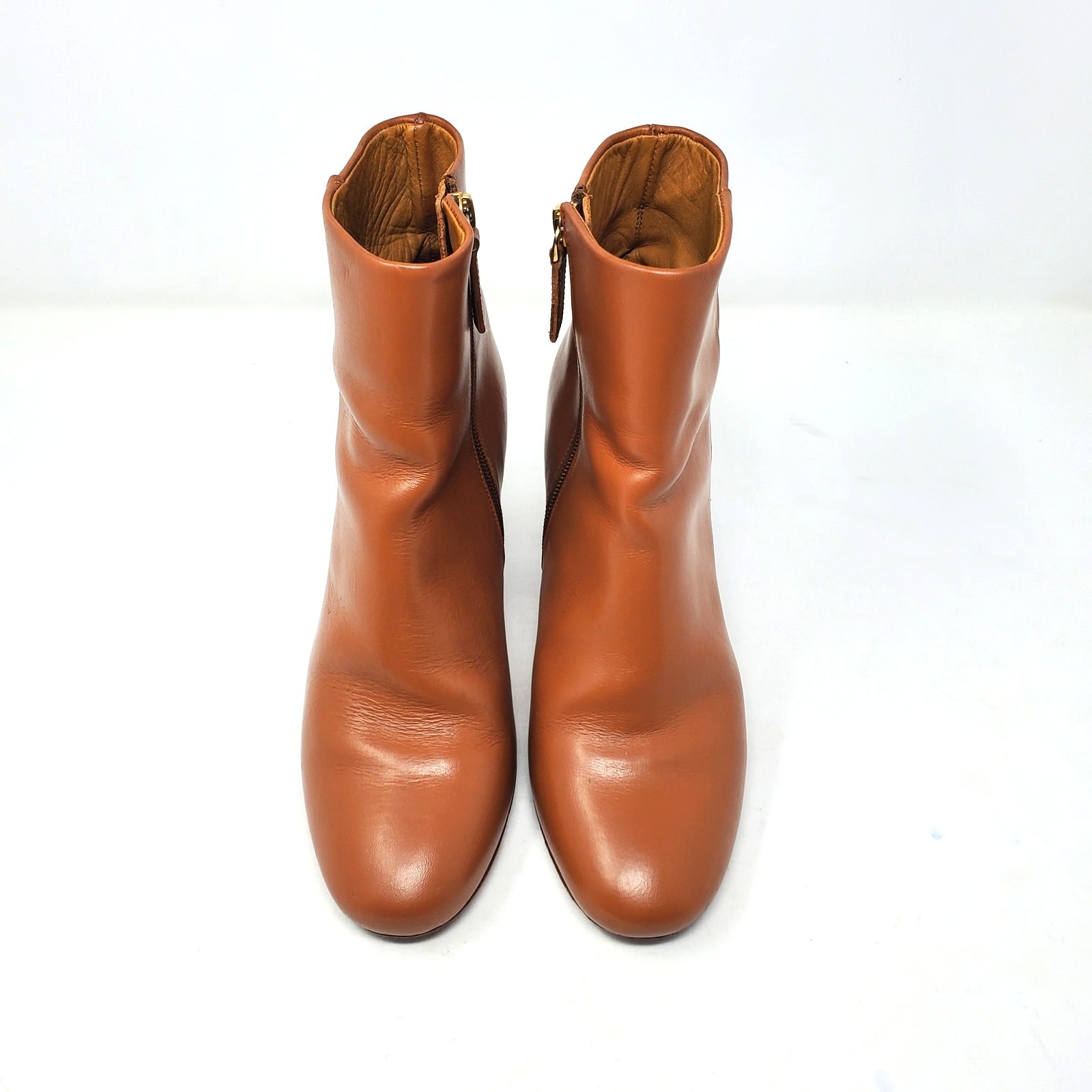 Sezane Lea Ankle Boots Block Heel Smooth Heritage Camel Tan Leather Size 39 US 8