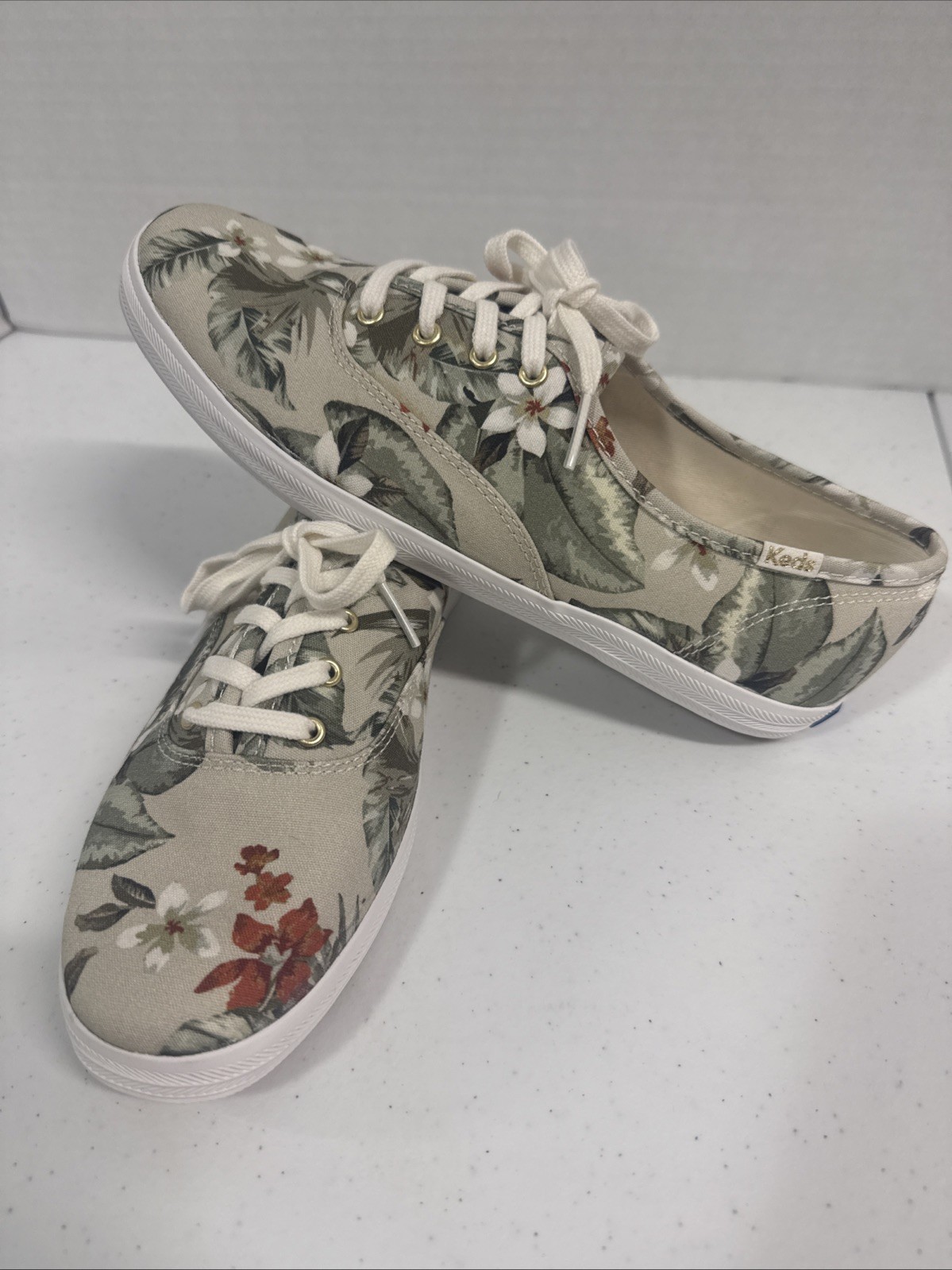 KEDS Jump Kick Tropical Print Sz 7.5 Canvas Sneakers Women’s Cream/Green