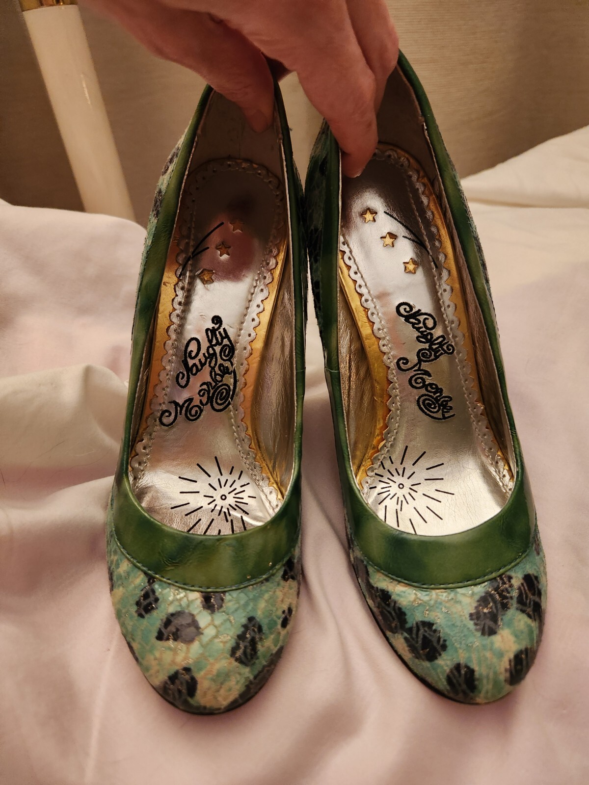 Naughty Monkey 7 Green And Blue W/ Black Leopard Print & Gold Sparkle Pumps