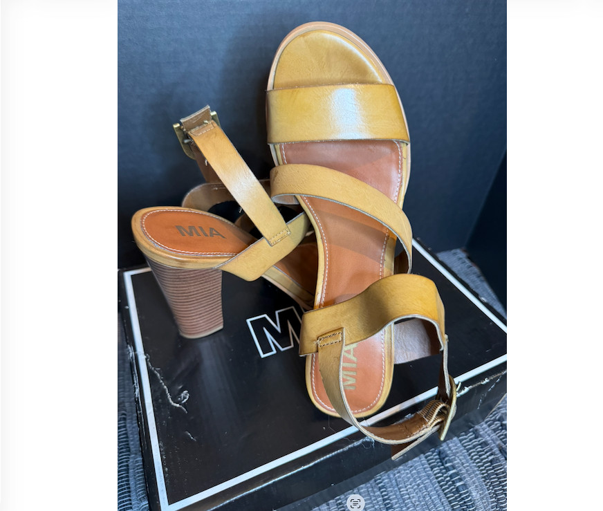 MIA Women’s Irris Tan Faux Leather Strappy Sandal w/ 4.25″ heel, Size 8.5 M