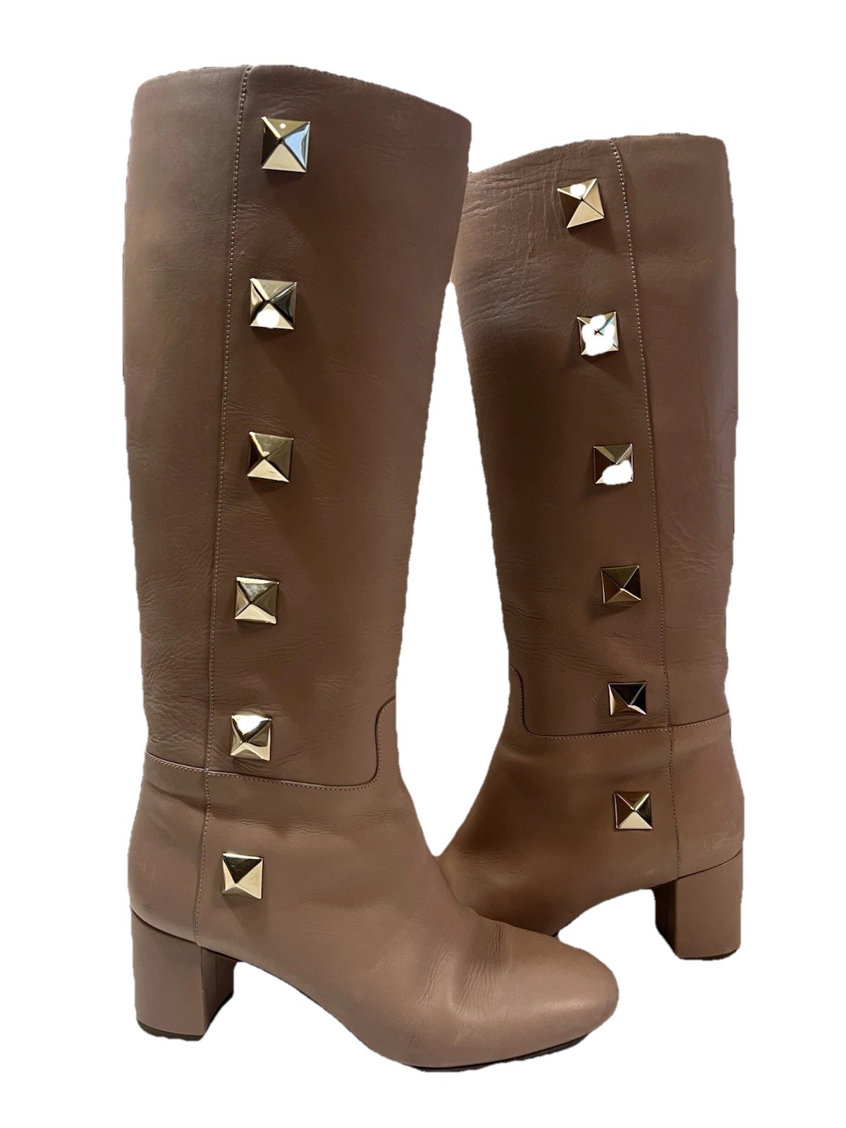 Valentino Boots 40 Rockstud Knee High Mid Heel Nude Pale Pink Giant Studs Tuxedo
