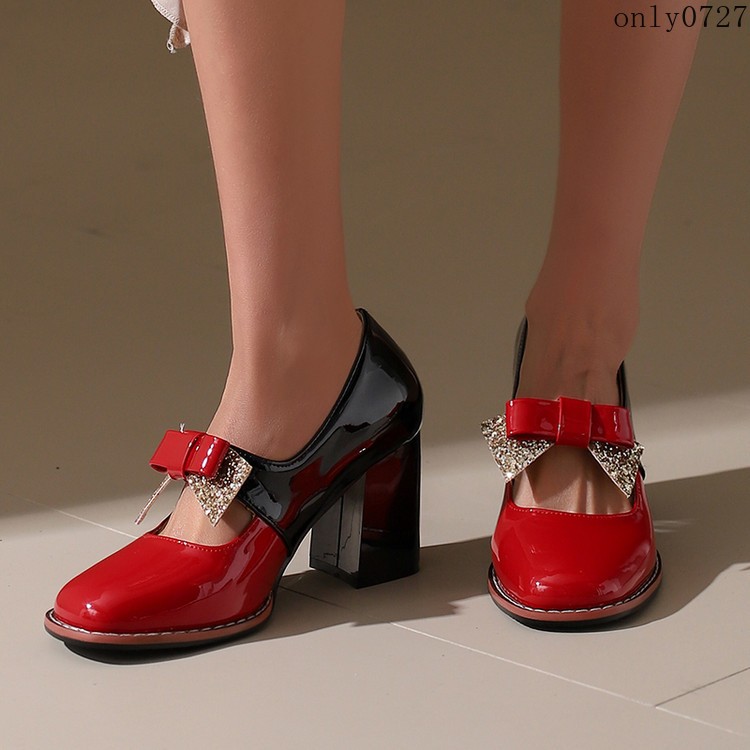 Women’s Colorblock Shiny Faux Leather Bowknot Sequins High Block Heel Shoes Plus