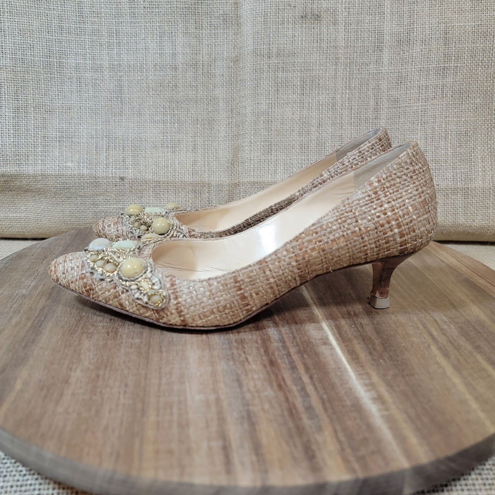 Oscar de la Renta Embellished Woven Kitten Heel Designer Shoes EU Size 35 US 5