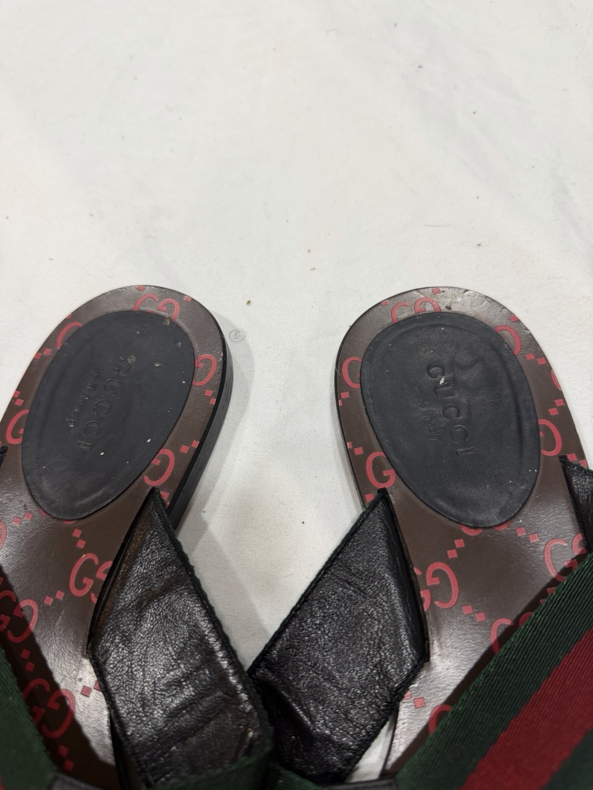 Gucci GG Logo Web Stripe Thong Sandals Brown Red Green Black US 8 EU38