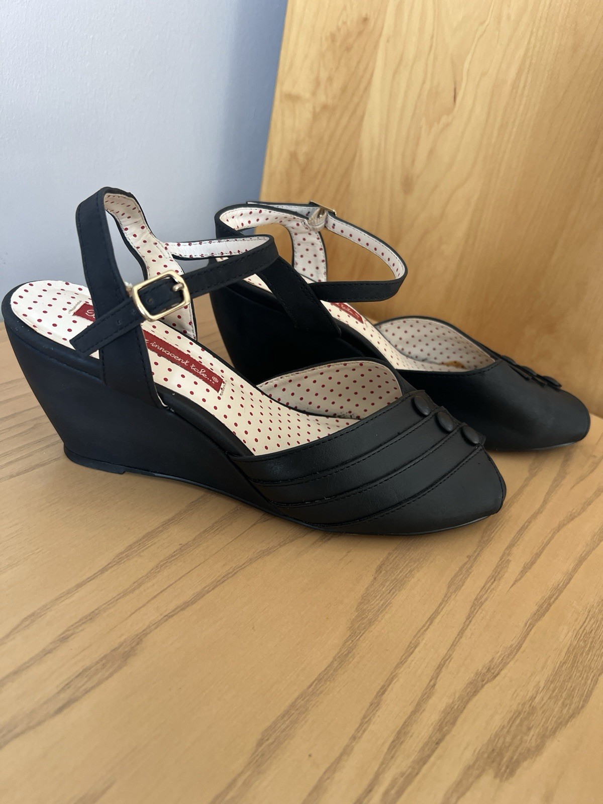 B.A.I.T. Footwear Black Peep Wedge Sandals Heels But Another Innocent Tale 8.5