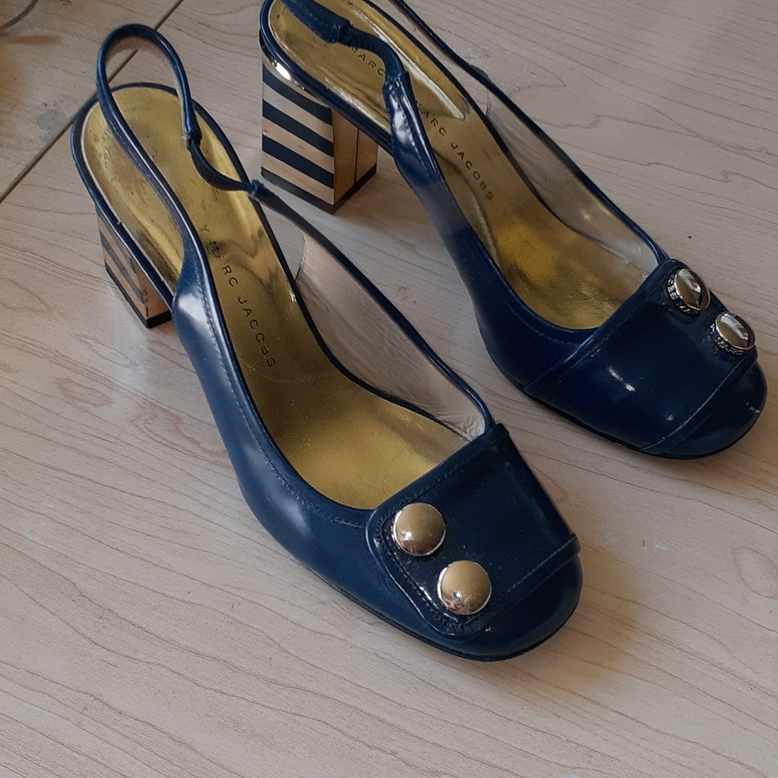 Marc by Marc Jacobs Sliingbacks Blue Gold Striped Heels 35.5 Art Deco City Chic