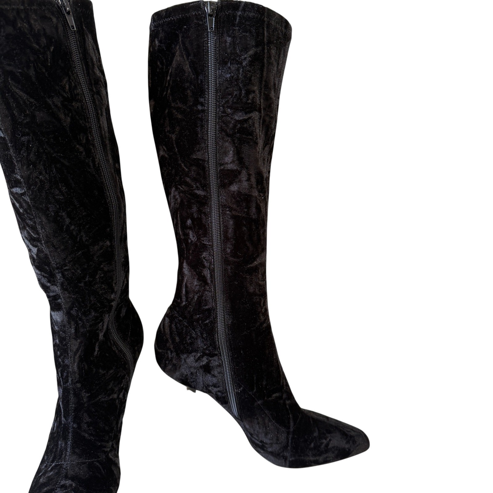 Black Velvet Knee High Stiletto Boots Womens 7 Goth Glam Coquette Statement