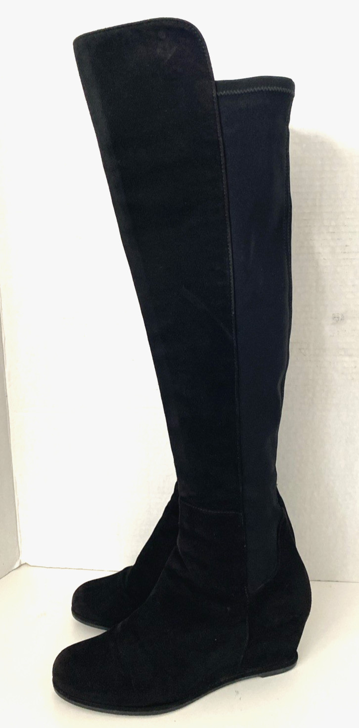 Stuart Weitzman Semi Boot Tall Stretch Back Suede Wedge Round Black OTK 5