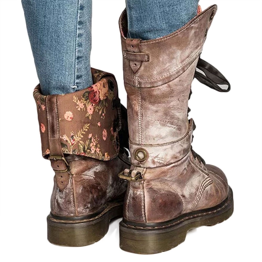 Retro Womens Mid Calf Boots Lace Up Biker Punk Military Combat Ankle Bootie Shoe