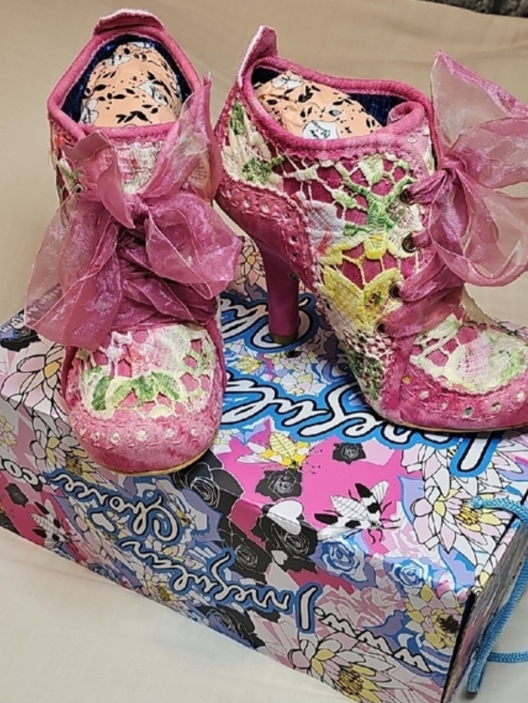 Irregular Choice Abigail’s Third Party Pink Floral Lace Denim Bootie Heels, US 5