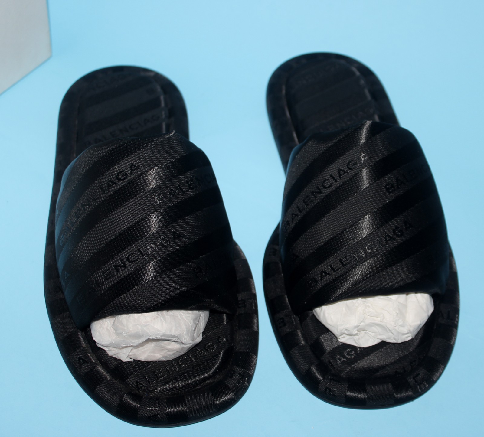 NIB BALENCIAGA Satin Logo Jacquard Hotel Slides Black Demna Le City sz 37 $600