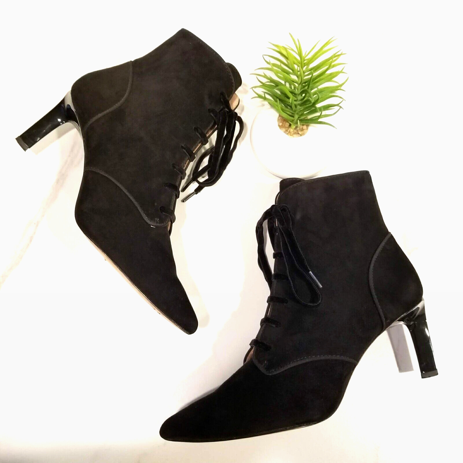 AD & Daughters Black Suede Lace Up Zip Ankle Boots Pointed Toe Heels Womens Sz 7