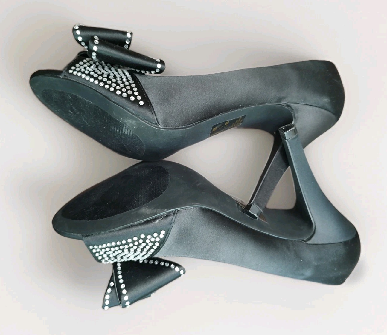 David’s Bridal Izzie Black Satin Peep-toe heels Rhinestone-emb Bow D’Orsay Style