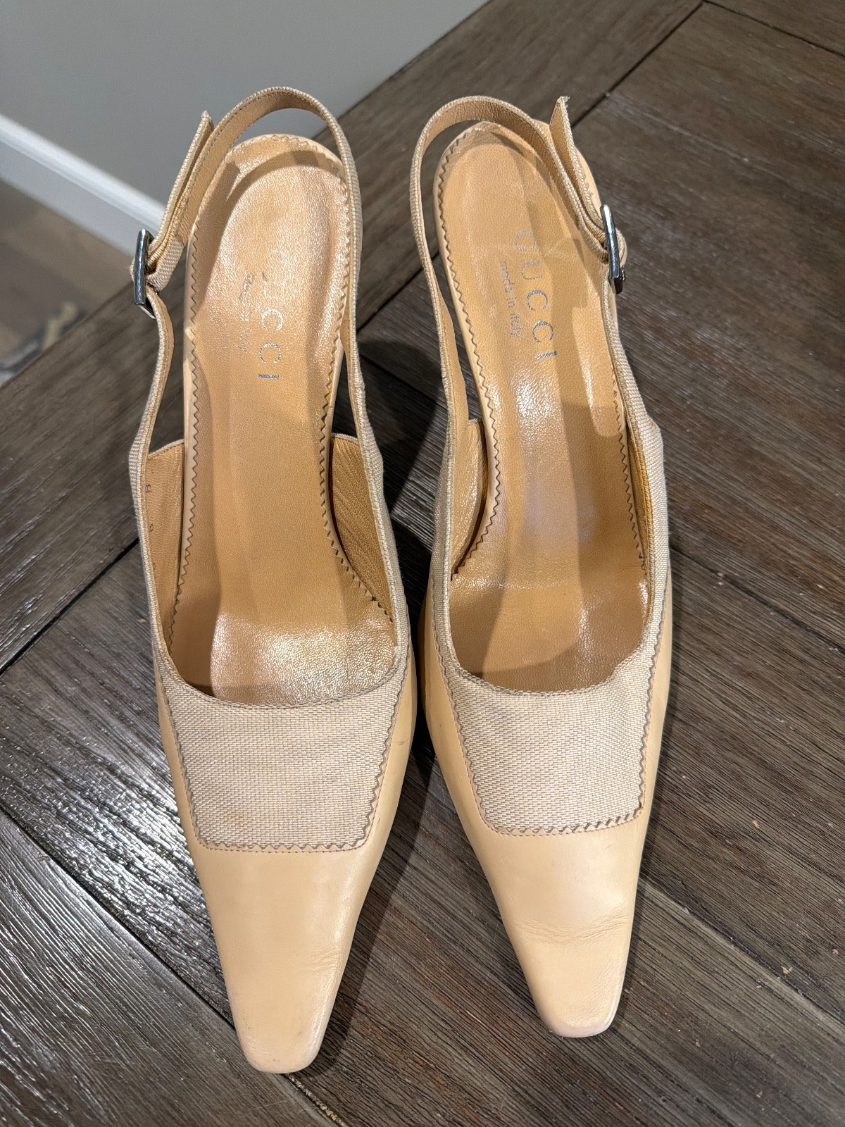 GUCCI Vintage Beige Leather Canvas Sling Back Heels Pumps Women’s 8 B
